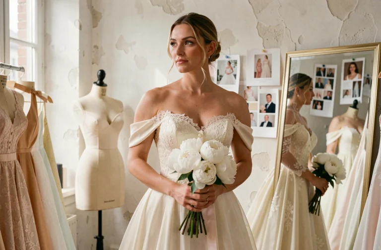 Femme en robe de mariée ivoire avec dentelle dans un atelier parisien de mode nuptiale, tenant un bouquet de pivoines blanches devant un miroir