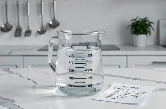 Verre doseur transparent avec graduation en centilitres montrant 25 cl posé sur un plan de travail en marbre blanc avec une fiche de recette