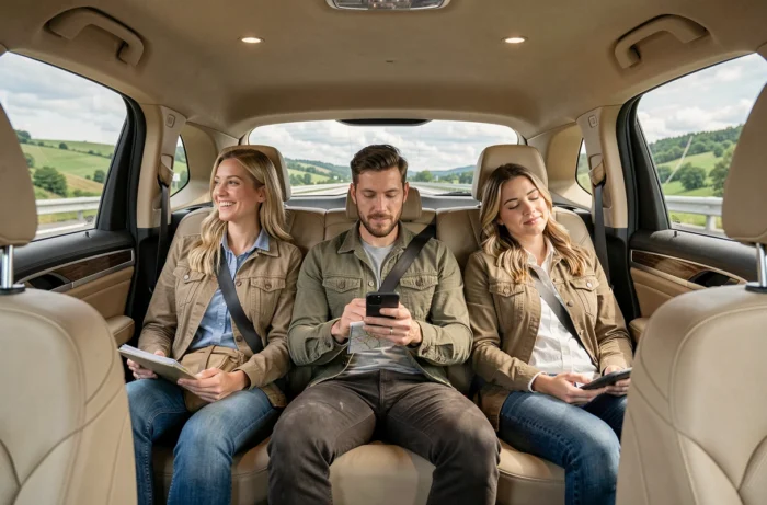 Trois passagers adultes voyageant confortablement sur la banquette arrière d'un SUV premium sur autoroute avec espace personnel préservé