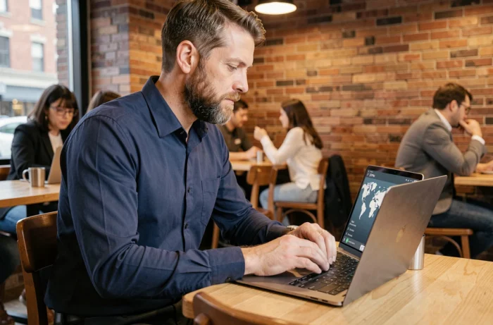 Homme utilisant un VPN sur son ordinateur portable dans un café public pour sécuriser sa connexion